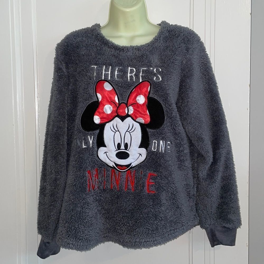 Disney‎ “There’s Only One Minnie” gray fake fur sweatshirt